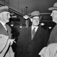 Norman Chandler on the far left with Assistant Editor of the Washington Evening Star B.M. Mckelway (middle) and Robert Mclean, President of the Associated Press before departure from Oakland to Honolulu on Feb. 2, 1946 (Associated Press)